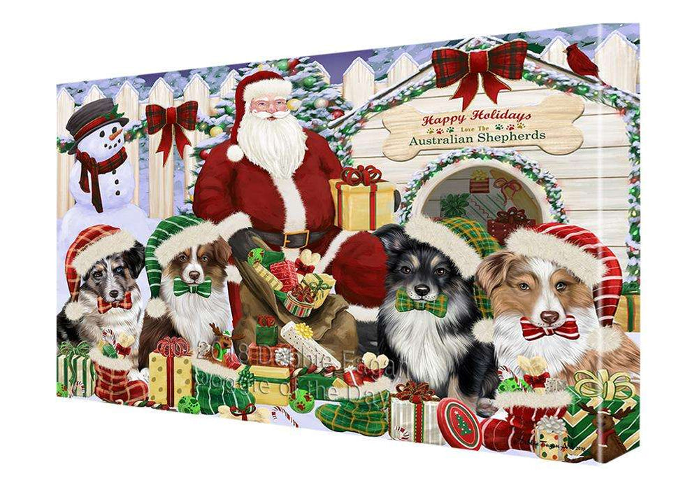 Happy Holidays Christmas Australian Shepherds Dog House Gathering Canvas Print Wall Art Décor CVS78065