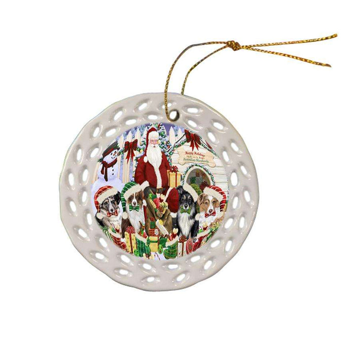 Happy Holidays Christmas Australian Shepherds Dog House Gathering Ceramic Doily Ornament DPOR51275