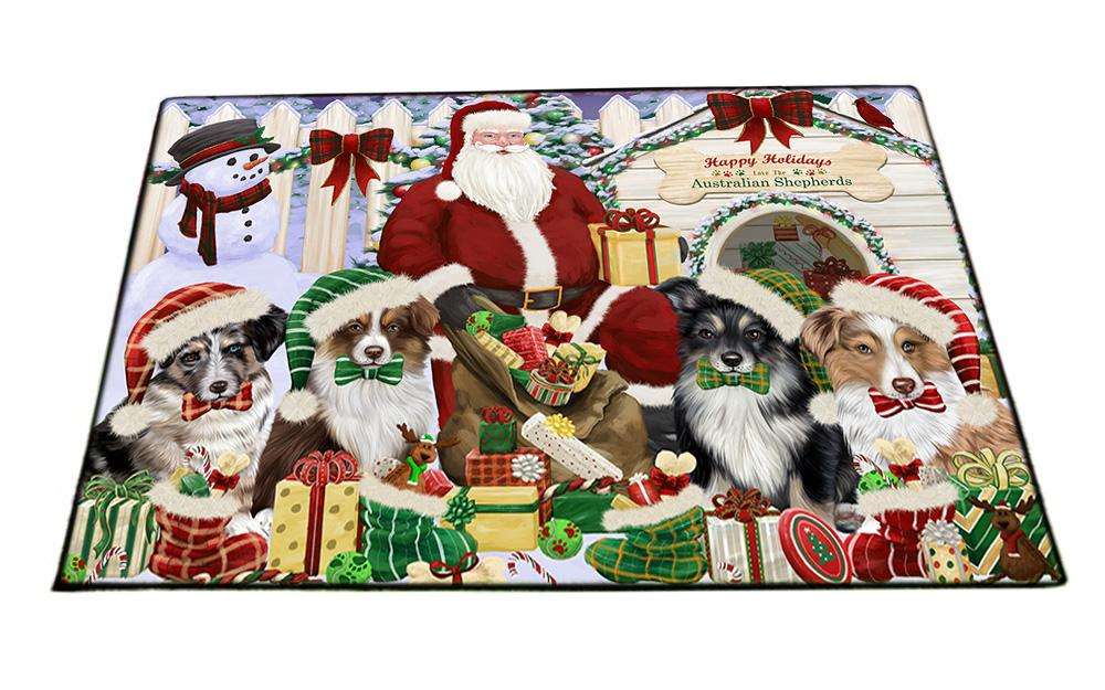 Happy Holidays Christmas Australian Shepherds Dog House Gathering Floormat FLMS51036