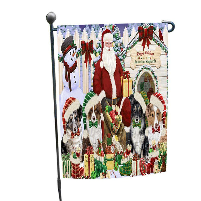 Happy Holidays Christmas Australian Shepherds Dog House Gathering Garden Flag GFLG51197