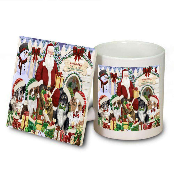Happy Holidays Christmas Australian Shepherds Dog House Gathering Mug and Coaster Set MUC51267