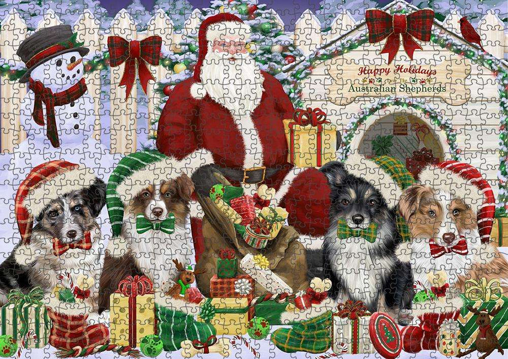 Happy Holidays Christmas Australian Shepherds Dog House Gathering Puzzle with Photo Tin PUZL57687