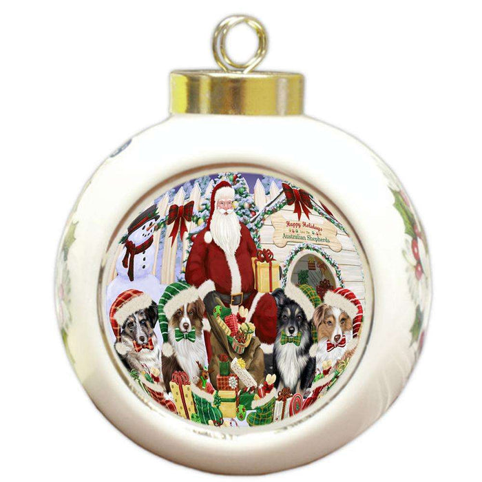 Happy Holidays Christmas Australian Shepherds Dog House Gathering Round Ball Christmas Ornament RBPOR51275