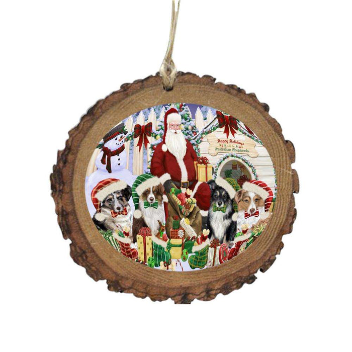 Happy Holidays Christmas Australian Shepherds Dog House Gathering Wooden Christmas Ornament WOR49678