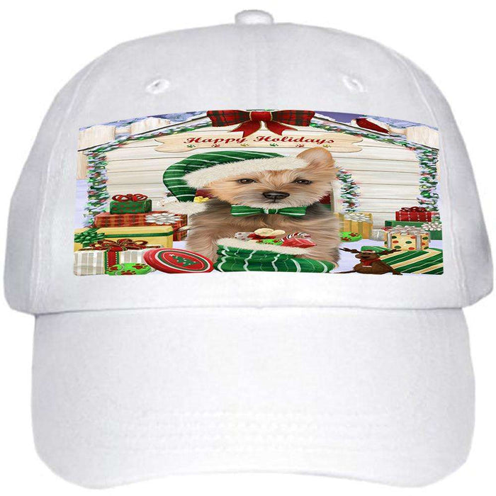 Happy Holidays Christmas Australian Terrier Dog With Presents Ball Hat Cap HAT61611