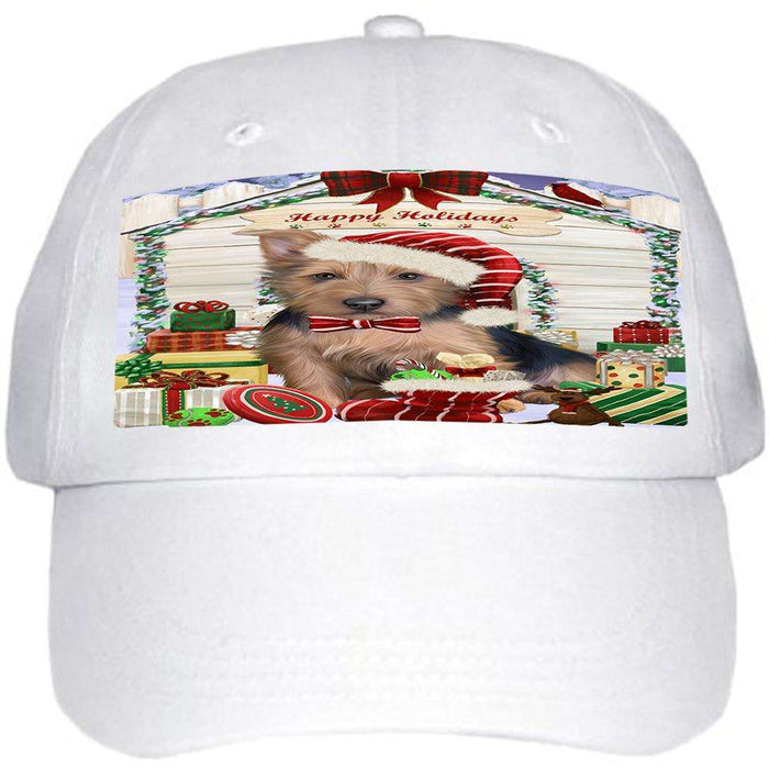Happy Holidays Christmas Australian Terrier Dog With Presents Ball Hat Cap HAT61617