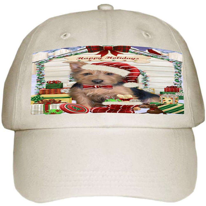 Happy Holidays Christmas Australian Terrier Dog With Presents Ball Hat Cap HAT61617