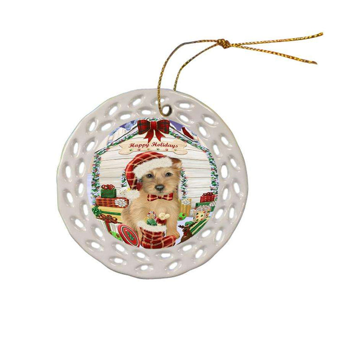 Happy Holidays Christmas Australian Terrier Dog With Presents Ceramic Doily Ornament DPOR52629