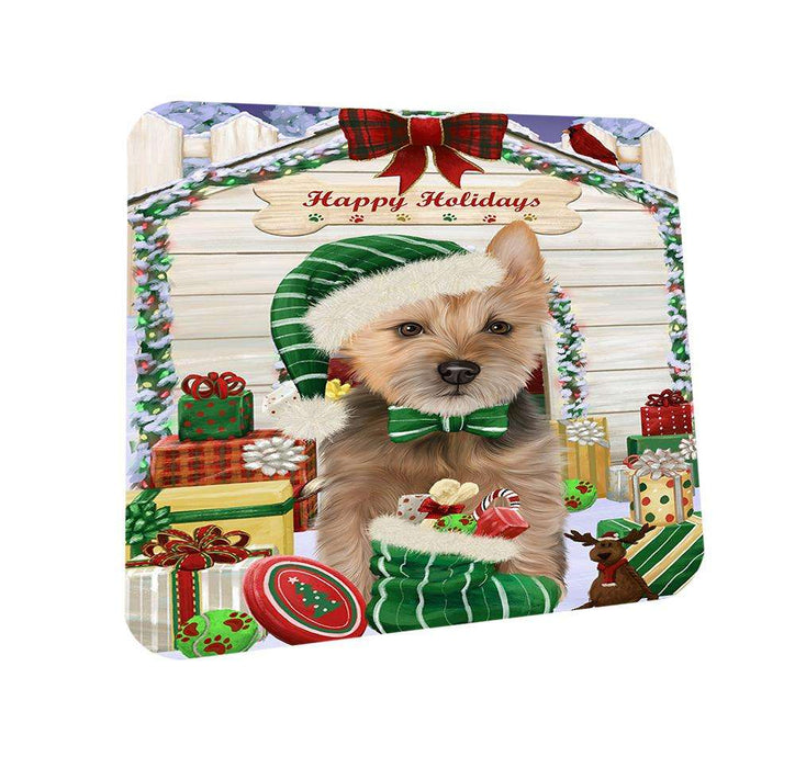 Happy Holidays Christmas Australian Terrier Dog With Presents Coasters Set of 4 CST52585