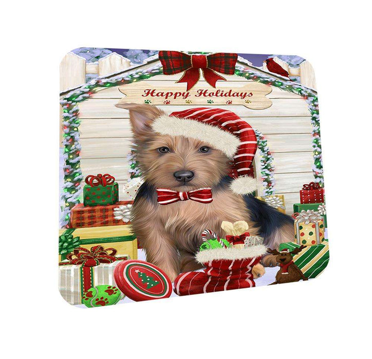 Happy Holidays Christmas Australian Terrier Dog With Presents Coasters Set of 4 CST52587