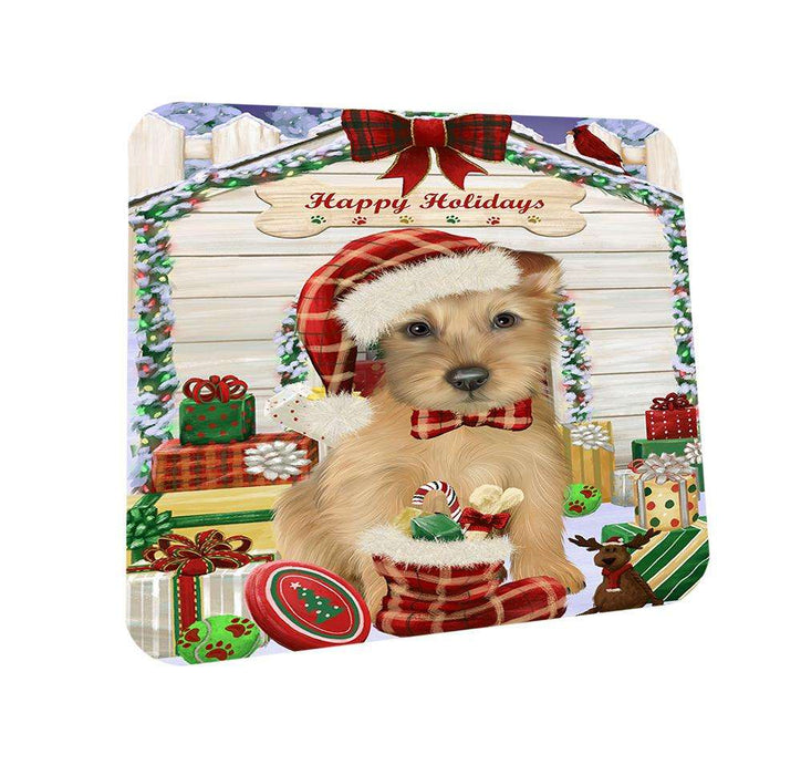 Happy Holidays Christmas Australian Terrier Dog With Presents Coasters Set of 4 CST52588