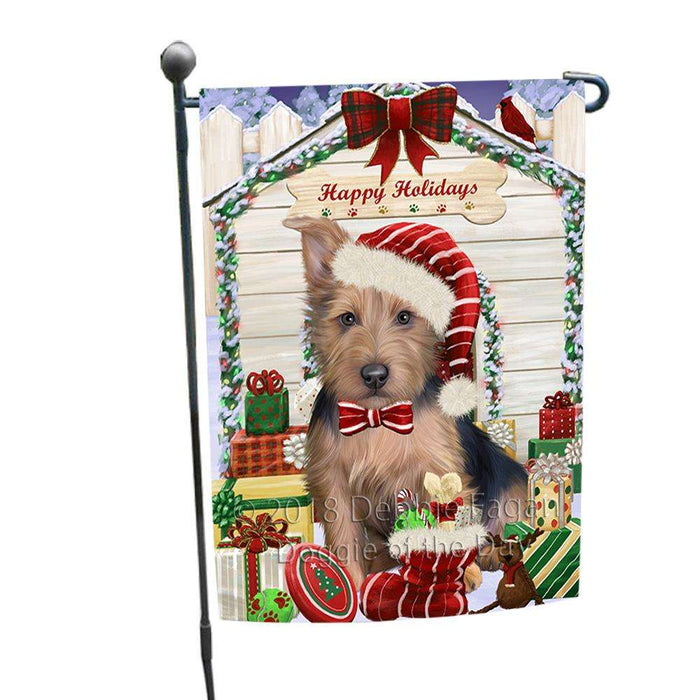 Happy Holidays Christmas Australian Terrier Dog With Presents Garden Flag GFLG52573