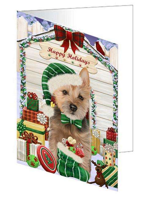 Happy Holidays Christmas Australian Terrier Dog With Presents Handmade Artwork Assorted Pets Greeting Cards and Note Cards with Envelopes for All Occasions and Holiday Seasons GCD61907