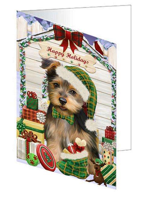 Happy Holidays Christmas Australian Terrier Dog With Presents Handmade Artwork Assorted Pets Greeting Cards and Note Cards with Envelopes for All Occasions and Holiday Seasons GCD61910