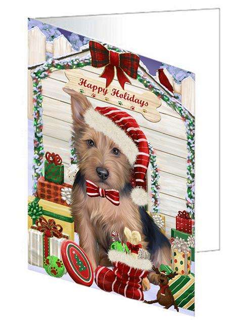 Happy Holidays Christmas Australian Terrier Dog With Presents Handmade Artwork Assorted Pets Greeting Cards and Note Cards with Envelopes for All Occasions and Holiday Seasons GCD61913