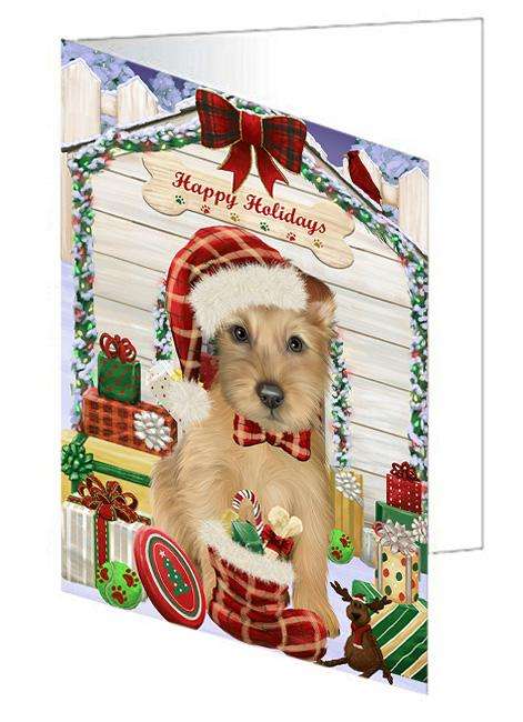 Happy Holidays Christmas Australian Terrier Dog With Presents Handmade Artwork Assorted Pets Greeting Cards and Note Cards with Envelopes for All Occasions and Holiday Seasons GCD61916
