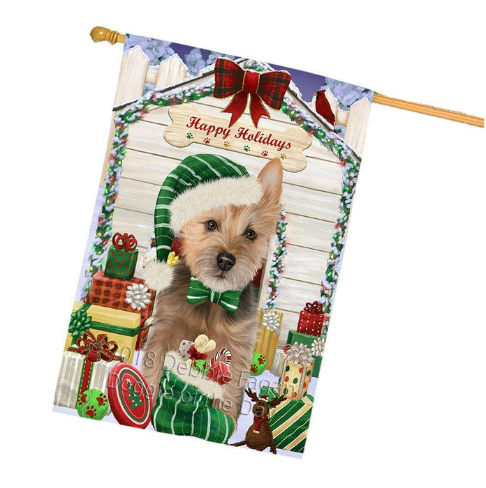 Happy Holidays Christmas Australian Terrier Dog With Presents House Flag FLG52707