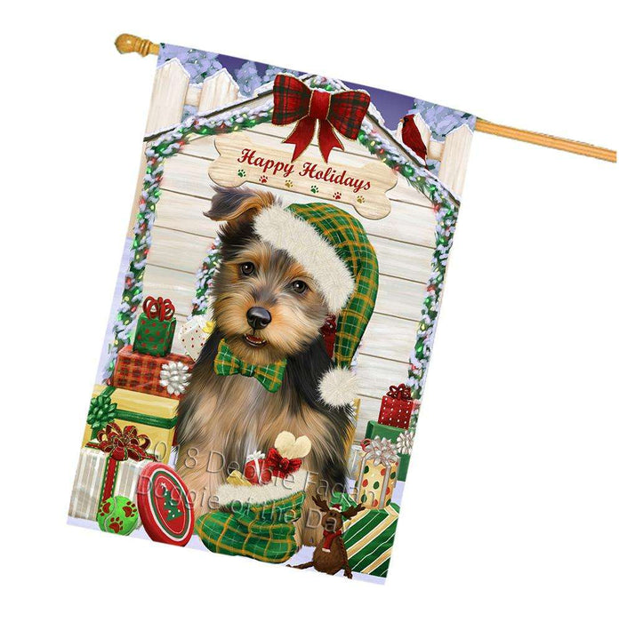 Happy Holidays Christmas Australian Terrier Dog With Presents House Flag FLG52708