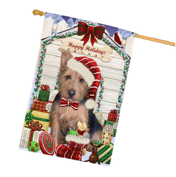 Happy Holidays Christmas Australian Terrier Dog With Presents House Flag FLG52709
