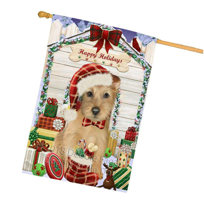 Happy Holidays Christmas Australian Terrier Dog With Presents House Flag FLG52710