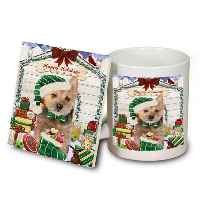 Happy Holidays Christmas Australian Terrier Dog With Presents Mug and Coaster Set MUC52618