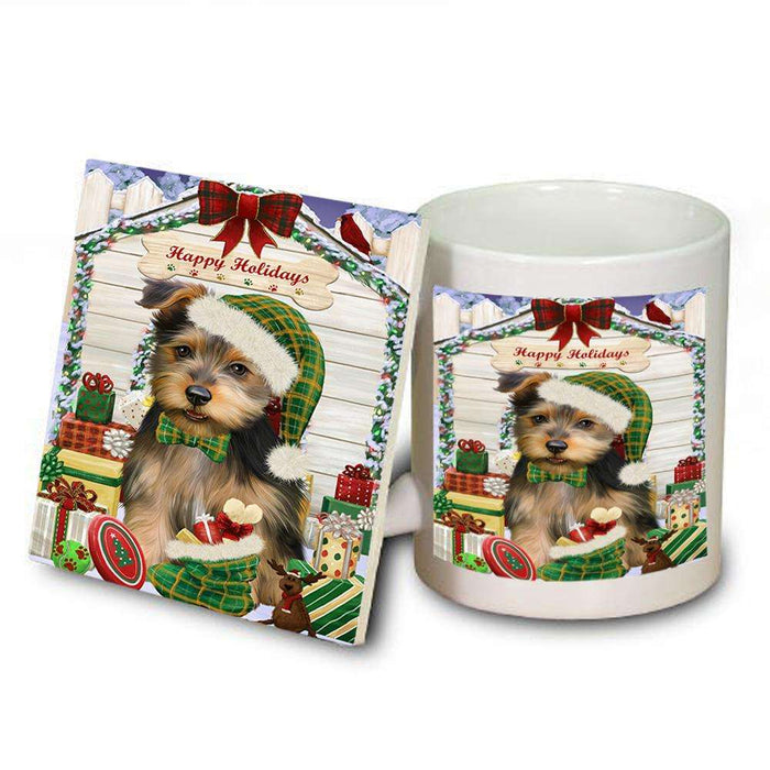 Happy Holidays Christmas Australian Terrier Dog With Presents Mug and Coaster Set MUC52619