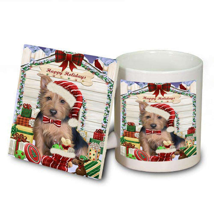 Happy Holidays Christmas Australian Terrier Dog With Presents Mug and Coaster Set MUC52620