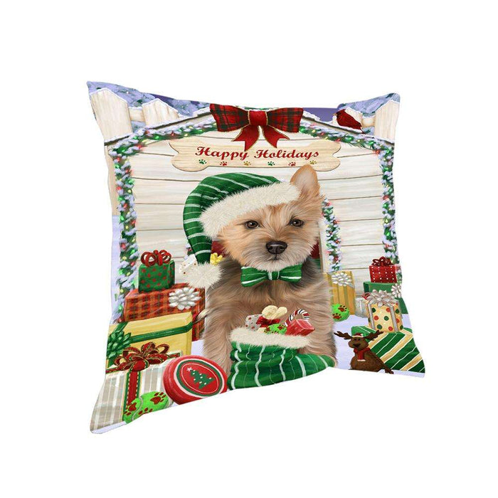 Happy Holidays Christmas Australian Terrier Dog With Presents Pillow PIL66660