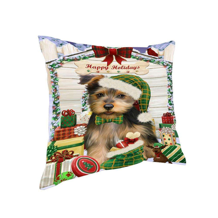 Happy Holidays Christmas Australian Terrier Dog With Presents Pillow PIL66664
