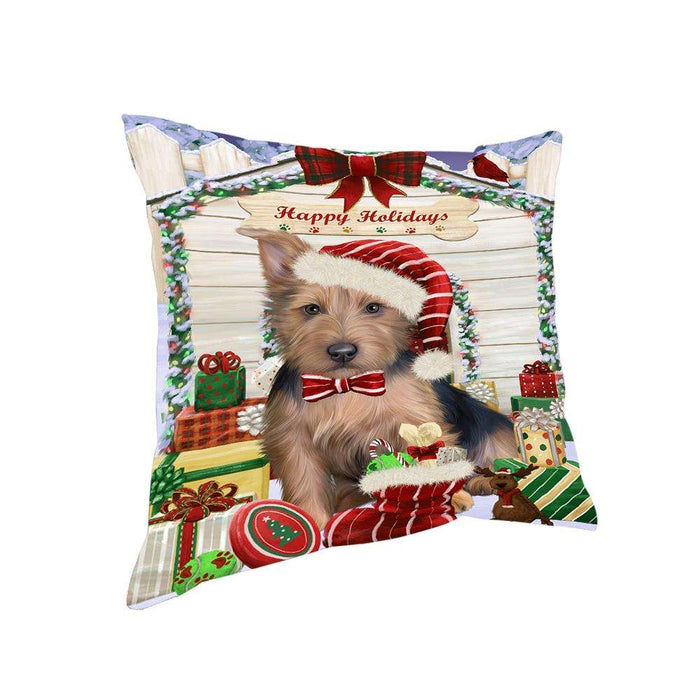 Happy Holidays Christmas Australian Terrier Dog With Presents Pillow PIL66668