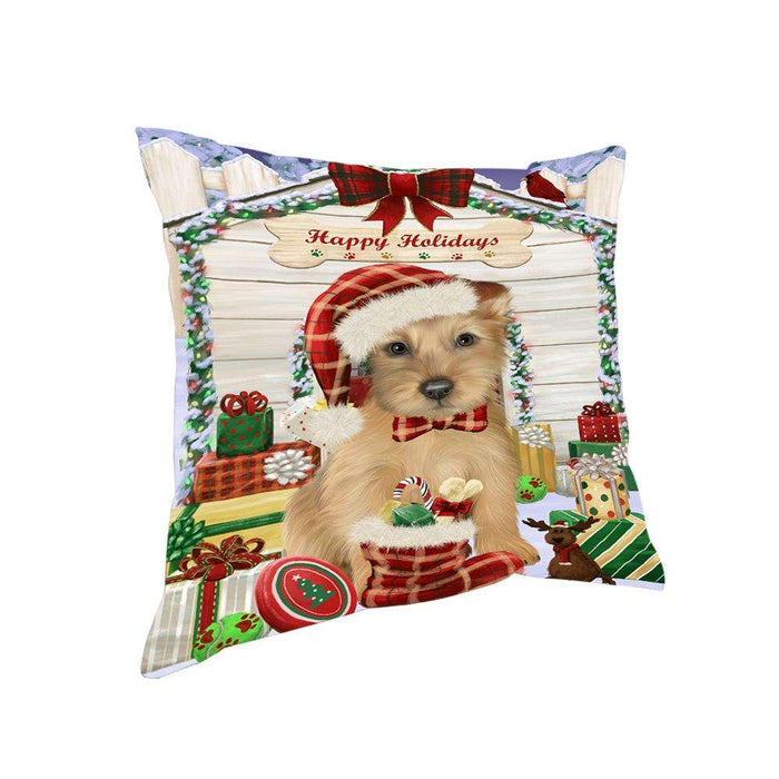 Happy Holidays Christmas Australian Terrier Dog With Presents Pillow PIL66672