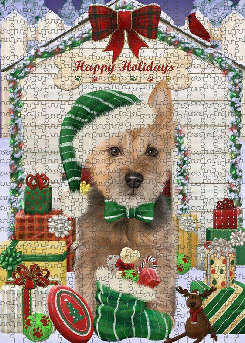 Happy Holidays Christmas Australian Terrier Dog With Presents Puzzle with Photo Tin PUZL61809