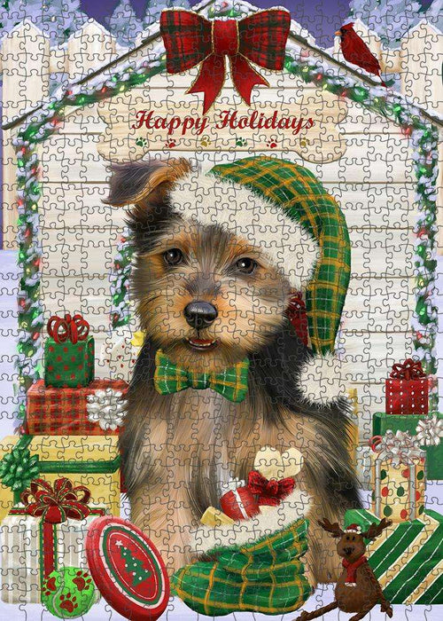 Happy Holidays Christmas Australian Terrier Dog With Presents Puzzle with Photo Tin PUZL61812