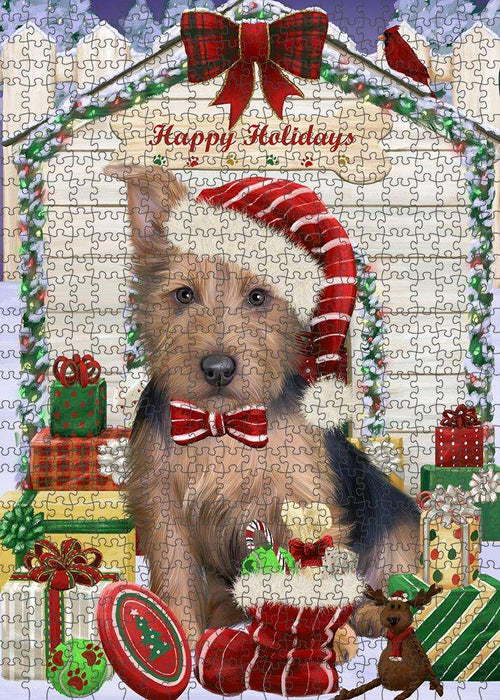 Happy Holidays Christmas Australian Terrier Dog With Presents Puzzle with Photo Tin PUZL61815