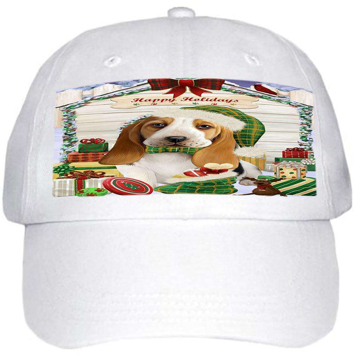 Happy Holidays Christmas Basset Hound Dog House with Presents Ball Hat Cap HAT57693