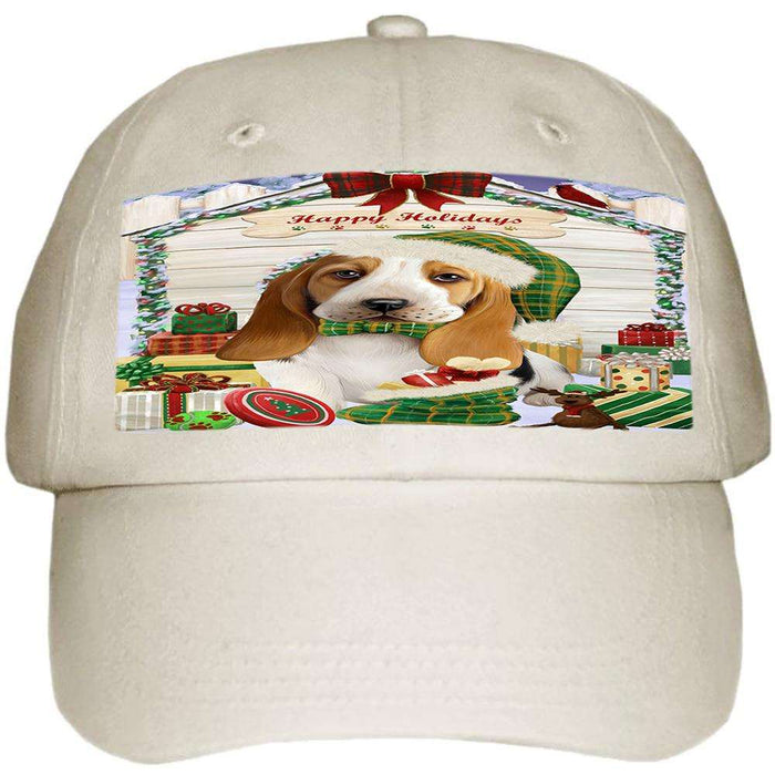 Happy Holidays Christmas Basset Hound Dog House with Presents Ball Hat Cap HAT57693