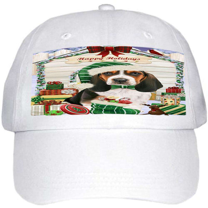 Happy Holidays Christmas Basset Hound Dog House with Presents Ball Hat Cap HAT57696