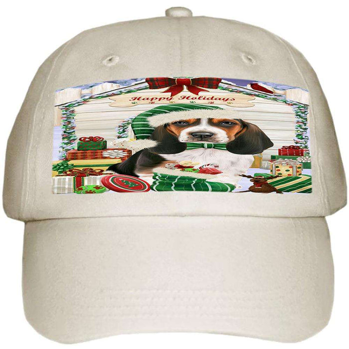 Happy Holidays Christmas Basset Hound Dog House with Presents Ball Hat Cap HAT57696