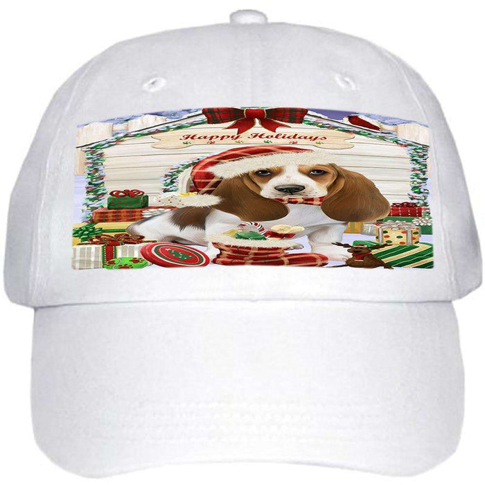 Happy Holidays Christmas Basset Hound Dog House with Presents Ball Hat Cap HAT57699