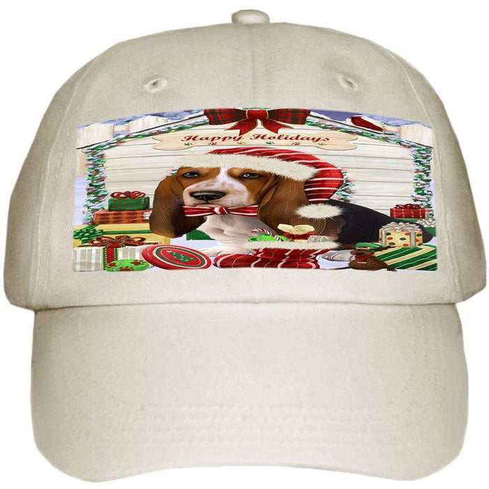 Happy Holidays Christmas Basset Hound Dog House with Presents Ball Hat Cap HAT57702