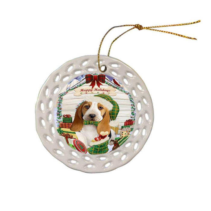 Happy Holidays Christmas Basset Hound Dog House with Presents Ceramic Doily Ornament DPOR51320