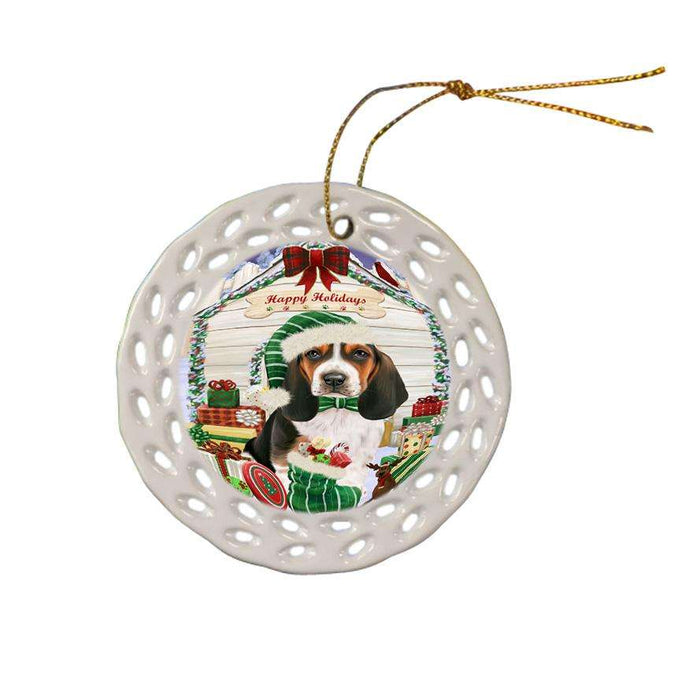 Happy Holidays Christmas Basset Hound Dog House with Presents Ceramic Doily Ornament DPOR51321