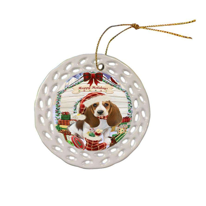 Happy Holidays Christmas Basset Hound Dog House with Presents Ceramic Doily Ornament DPOR51322
