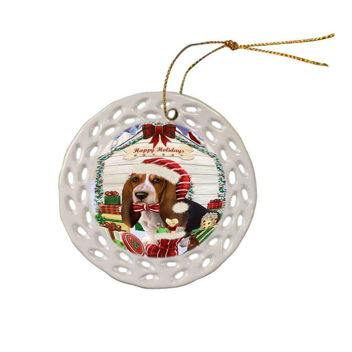 Happy Holidays Christmas Basset Hound Dog House with Presents Ceramic Doily Ornament DPOR51323