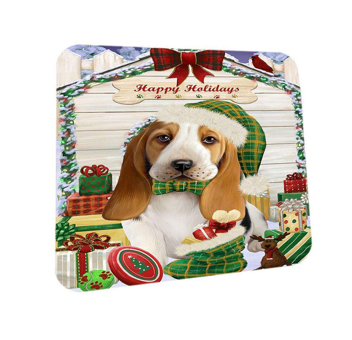 Happy Holidays Christmas Basset Hound Dog House with Presents Coasters Set of 4 CST51279