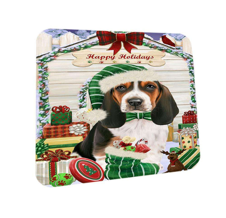 Happy Holidays Christmas Basset Hound Dog House with Presents Coasters Set of 4 CST51280