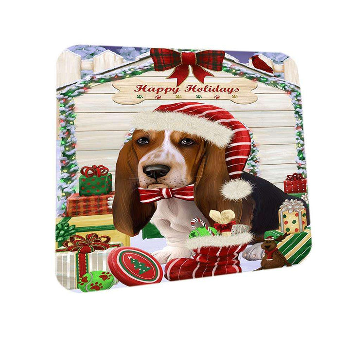 Happy Holidays Christmas Basset Hound Dog House with Presents Coasters Set of 4 CST51282