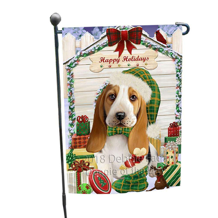 Happy Holidays Christmas Basset Hound Dog House with Presents Garden Flag GFLG51242