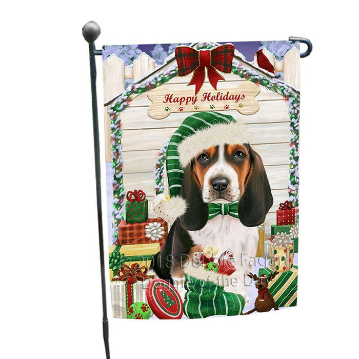 Happy Holidays Christmas Basset Hound Dog House with Presents Garden Flag GFLG51243