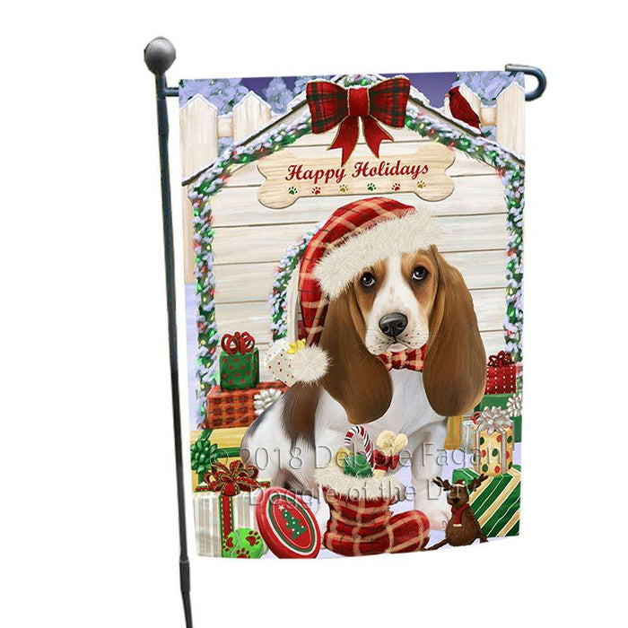 Happy Holidays Christmas Basset Hound Dog House with Presents Garden Flag GFLG51244